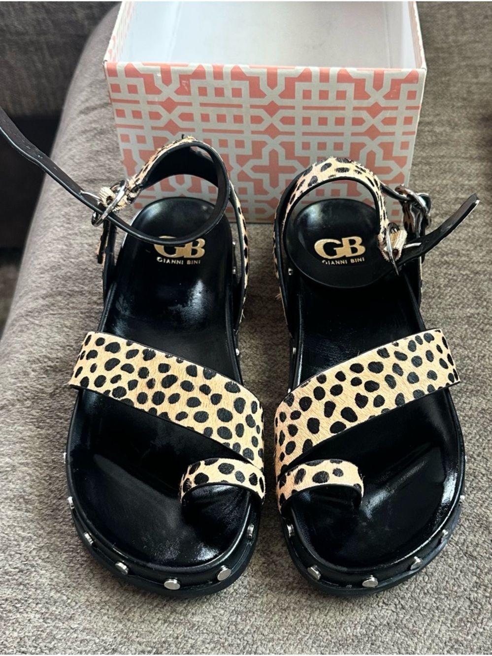 Gianni Bini Leopard-Print Ankle Strap Sandals in Tan and Black